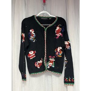 VTG Christmas Cardigan Women M Santa‎ Embroidered Beaded Knit Holiday sweater